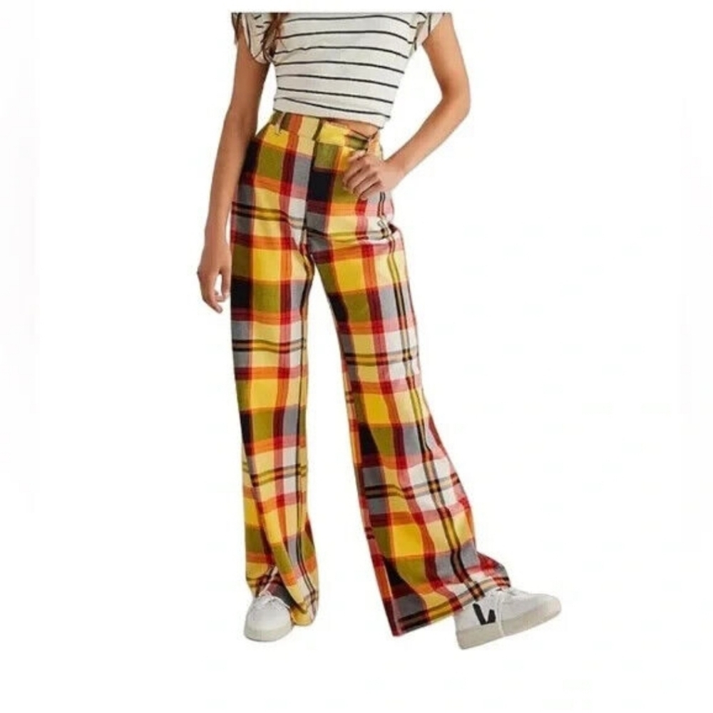 Free People Plaid Jules Blackbird Combo Wide Leg High Rise